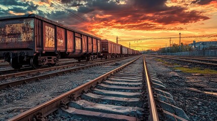 Obraz premium Sunset Railway: Freight Train at Golden Hour