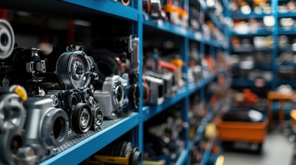 Fototapeta premium Close-up of Automotive Parts on Shelves in a Warehouse