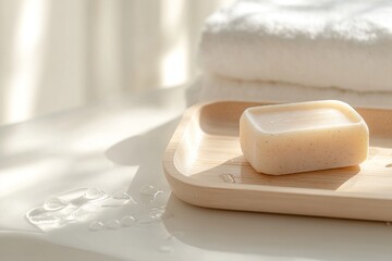 Handcrafted soap bar rests on a light wooden tray with drops of water nearby, highlighted by warm natural light, set against a softly blurred bathroom backdrop