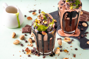 Dubai chocolate milkshake, crazy shake dark chocolate cocktail, with whipped chocolate cream,...