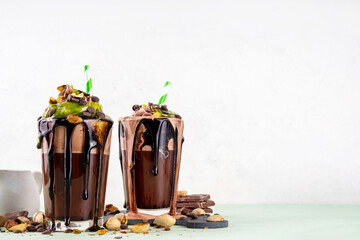 Dubai chocolate milkshake, crazy shake dark chocolate cocktail, with whipped chocolate cream,...