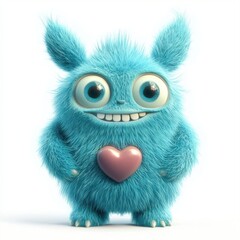 Fototapeta premium turquoise fluffy monster with big ears, small antennae, and a glowing heart on its chest, smiling gently, isolated on a white background