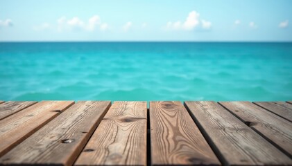 Fototapeta premium Weathered wooden surface overlooking tranquil blue sea, background, tropical, backgroundimage