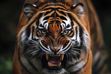 Fototapeta premium A tiger with its mouth open and smoke coming out of it