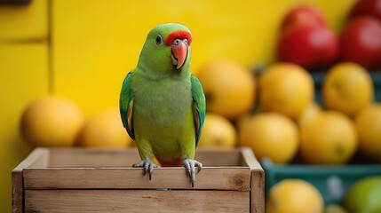Naklejka premium green parrot sits on a branch in the forest, tropical bird perched on a branch against a lush green background, showcasing brilliant colour and detailed features of nature's beauty.