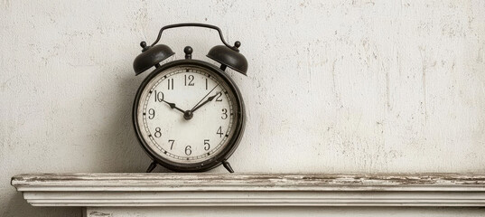 antique clock sits on rustic wooden mantle, evoking nostalgic and timeless atmosphere