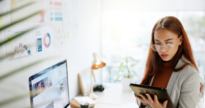 Planning, reading and tablet with business woman in office for research, company shares and profit margin. Data report, finance growth and infographic with person in agency for statistics and chart