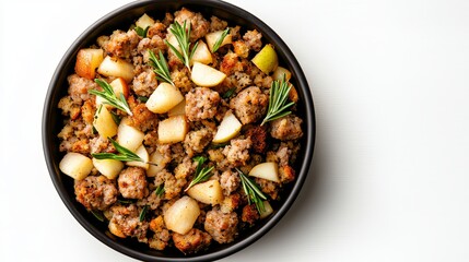 stuffing with sausage and apple chunks, hearty and rich, top-down view, isolated on white background