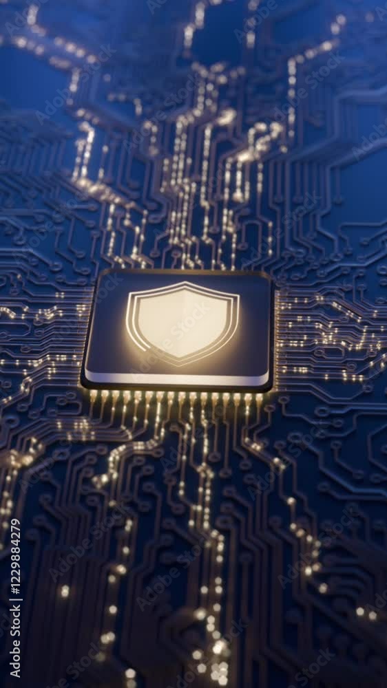 Poster digital security hologram of virtual shield lock icon on circuit board. finance data privacy and vpn