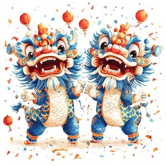 Fototapeta premium Two Playful Blue and Gold Lion Dance Costumes Performing Amidst Confetti and Lanterns.