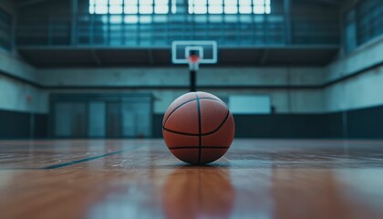 Basketball rests on indoor court near hoop