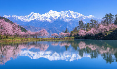 Fototapeta premium A beautiful natural landscape. There is a quiet lake in the picture. The lake water is crystal clear, reflecting the snow-capped mountains and blue sky in the distance. The lake is full of pink flower
