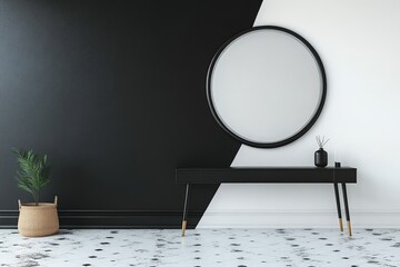 A stylish black and white interior with a round mirror, a sleek console table, and a wicker basket with a green plant.