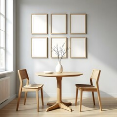A modern dining room featuring a round wooden table with four wooden chairs. The chairs have a woven design. In the background, there are four empty frames mounted on a light gray wall.