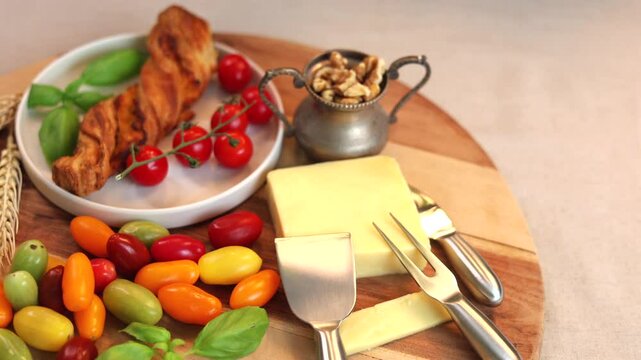 Fresh colorful tomatoes, cheese slice, breadstick with basil leaves, walnuts on round wooden board evokes natural, healthy eco-friendly clean eating food concept.
