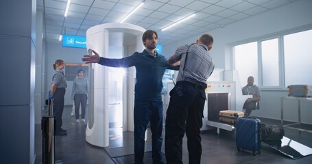 Airport Terminal Security Check: Adult Man, Tourist Passes Through Metal Detector Scanner Gates....