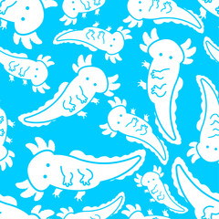 Cute axolotl pattern seamless. Little Amphibian Salamander background. Ornament of kids fabric
