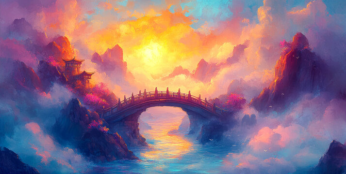 An ancient bridge spans calm water.