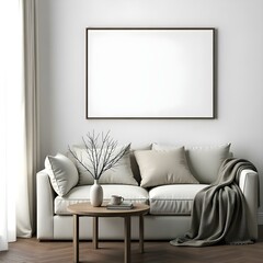 A cozy living room featuring a light-colored sofa adorned with multiple cushions. A round wooden coffee table sits in front of the sofa, holding a decorative vase with branches, a stack of books 