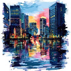 Vibrant Cityscape Reflection at Sunset Abstract Urban Art.