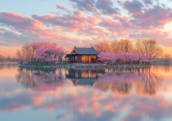 Fototapeta premium A beautiful landscape painting of a traditional East Asian style building on an island surrounded by pink and red trees.