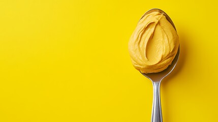Golden Yellow Creamy Spread on Spoon Against Vibrant Yellow Background