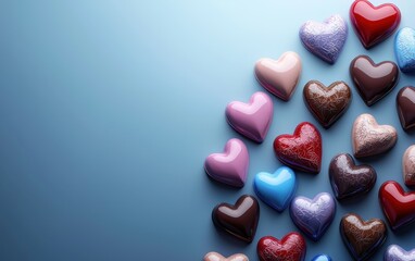 Fototapeta premium n assortment of colorful heart-shaped candies and chocolates, artistically arranged on a sophisticated slate-gray-to-powder-blue gradient background. Valentines Day and 8 March theme