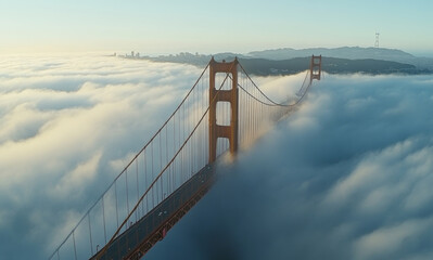 Fototapeta premium An amazing sight, the bridge is shrouded in thick fog, and the lights on the bridge look particularly warm and charming in the fog. style
