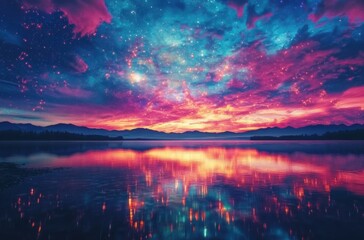Obraz premium Stunning galaxy sky reflecting over a tranquil lake during a vibrant sunset with colorful clouds and a mountain backdrop, a breathtaking natural scene