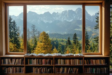 Fototapeta premium cozy study room with a large bookshelf adorned with books, set against a stunning mural of mountains and trees, evoking a sense of peace and nature