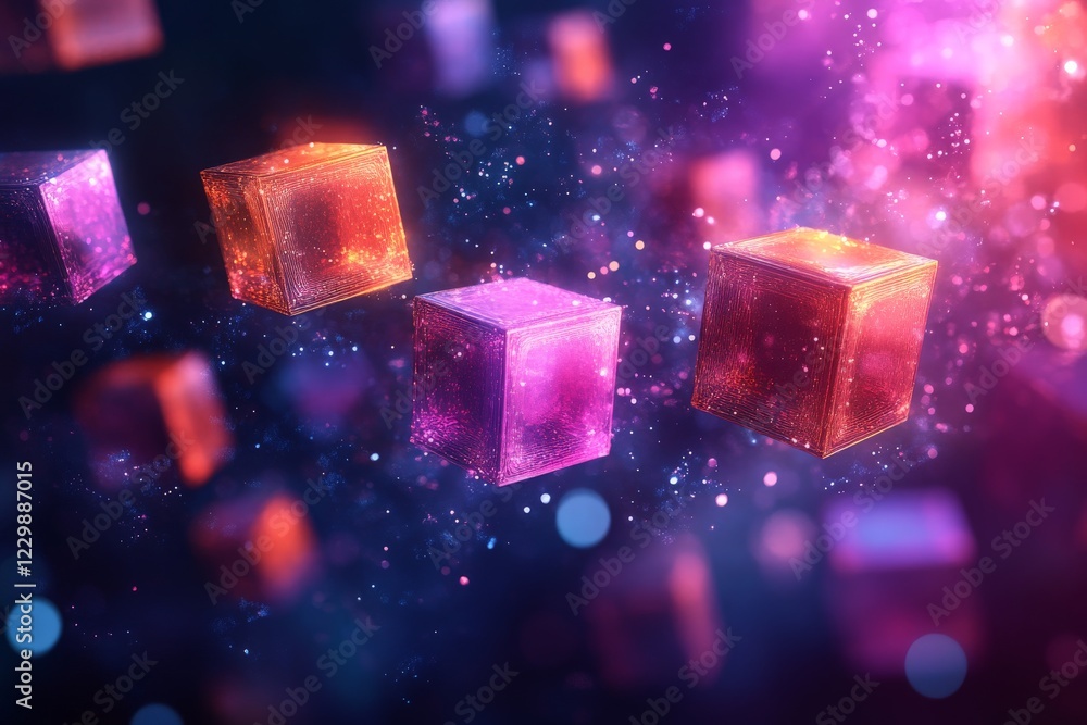 Poster colorful translucent cubes float in a cosmic space filled with vibrant light and energy
