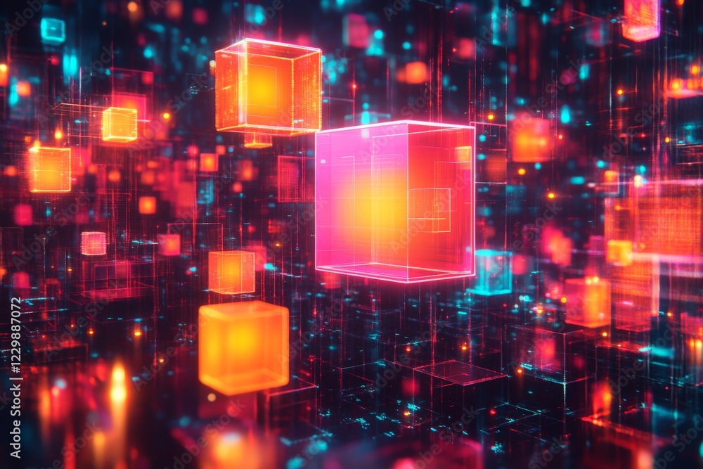 Poster Vibrant illuminated cubes floating in a digital space filled with colorful lights and reflections