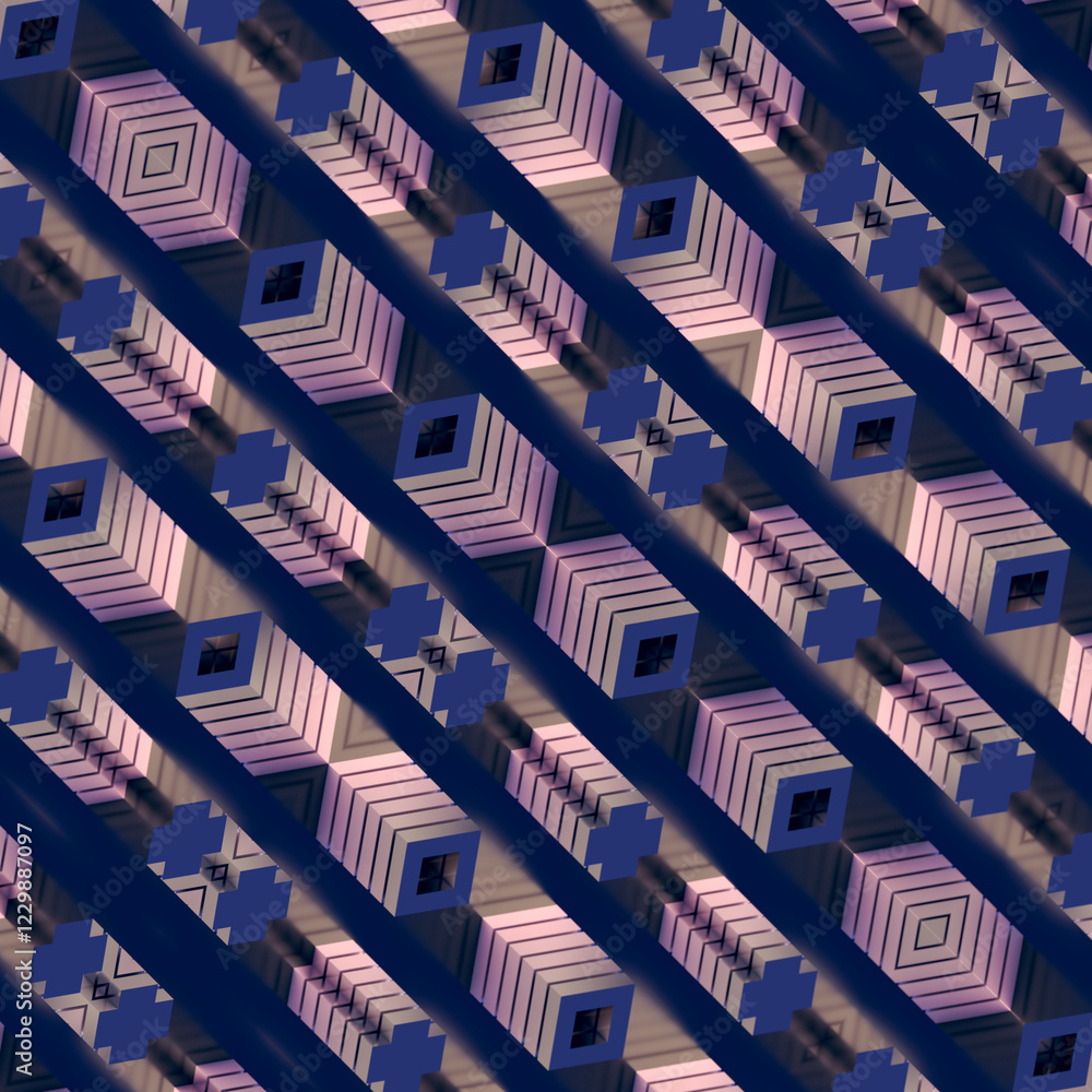 Leinwandbilder Geometric symmetry, represented by alternating vertical of crosses and squares. 3d rendering digital illustration
