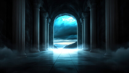 Fototapeta premium A captivating view through an ancient archway, shrouded in mist.