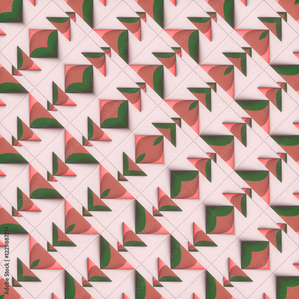 Poster pink and green conical shapes on a light pink background. 3d rendering