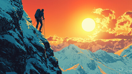 Fototapeta premium Illustration of a Person Standing on a Mountain Peak - Symbolizing Success, Achievement, and Personal Growth, Ideal for Motivational Posters, Book Covers, and Adventure-Themed Projects