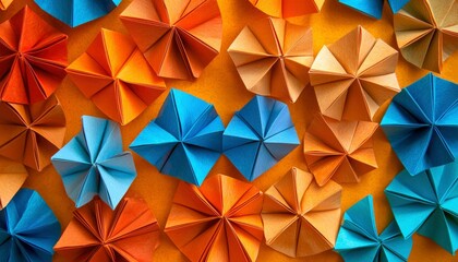 Colorful Origami Flowers Arranged on Orange Background