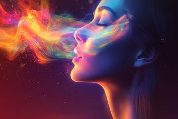 Colorful smoke patterns emerge from a woman's face in a vibrant night setting