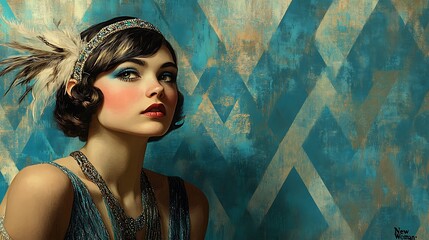 This Art Deco portrait portrays a chic flapper in all her glory. With a feathered headband, beaded gown, and a stylish bob haircut, she embodies the spirit of the Jazz Age. The geometric backdrop 