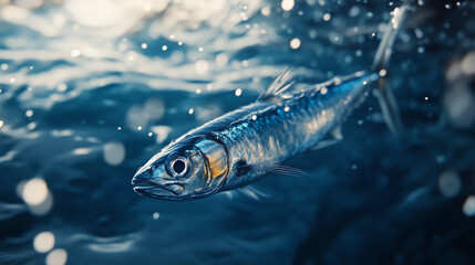 Fototapeta premium Close-Up of a Sardine Swimming Underwater – Ideal for Marine Life Documentaries, Seafood Industry Promotions, and Ocean Conservation Campaigns