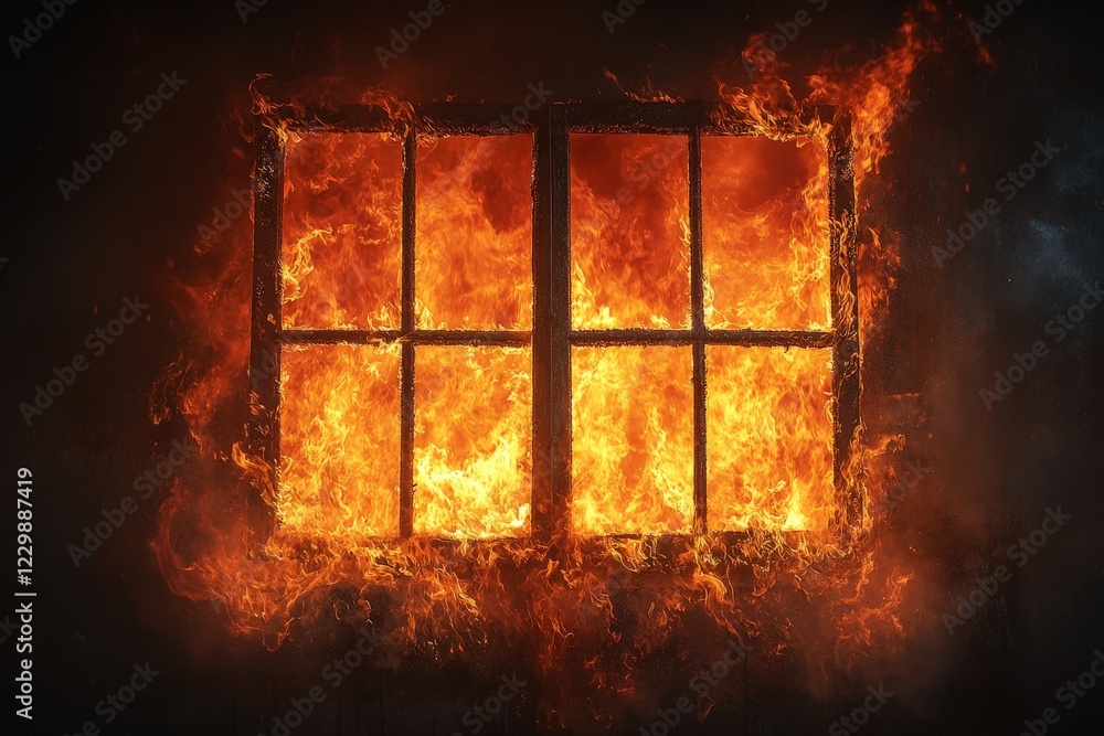 Poster Flames engulfing a window in a dark space at night creating a dramatic and intense atmosphere of destruction