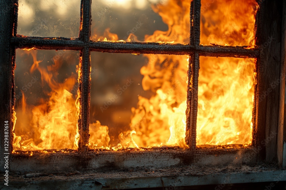 Poster flames engulf an abandoned building captured at dusk through a shattered window, illuminating the da