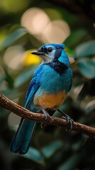 Obraz premium HD Phone Wallpaper Vibrant Blue Jay Bird Perched on Branch Detailed Closeup in Nature