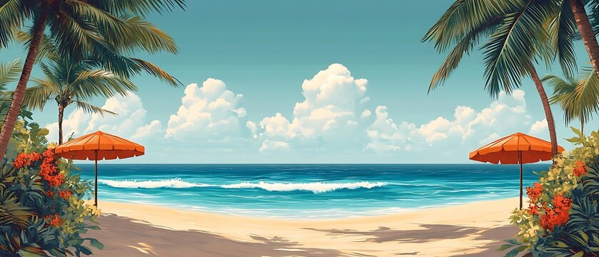 Tropical beach vacation clipart set capturing the essence of sunny shores, palm trees, sandy beaches, ocean waves, and beach umbrellas, 4k  - Powered by Adobe