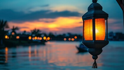 Illuminated Lantern at Sunset Over Water