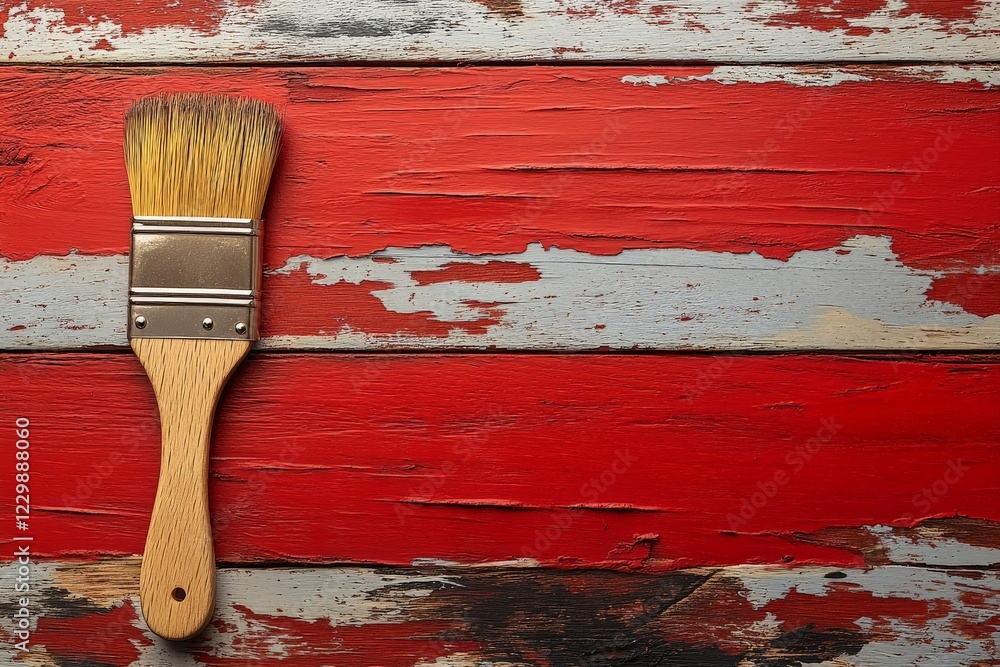 Poster brush resting on weathered wooden surface in shades of red and gray with noticeable paint texture an