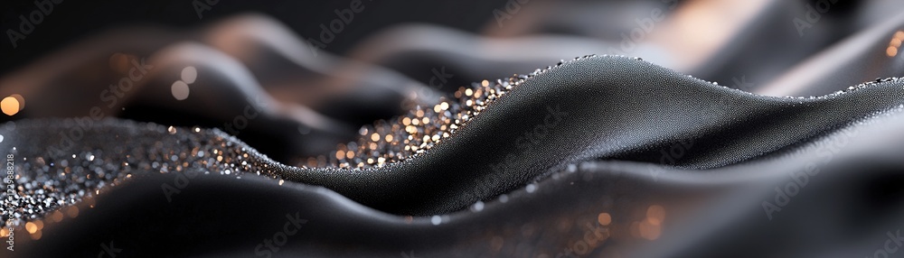 Poster black and silver sequins create graceful patterns on a matte backdrop, emitting a soft glow that enh