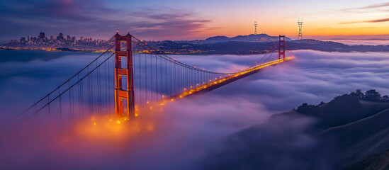 Obraz premium An amazing sight, the bridge is shrouded in thick fog, and the lights on the bridge look particularly warm and charming in the fog. style