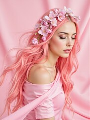 Naklejka premium Young woman with pink hair feeling glamorous while posing with pink fabric on a pastel pink background creating a dreamy elegant and stylish aesthetic full of softness and charm