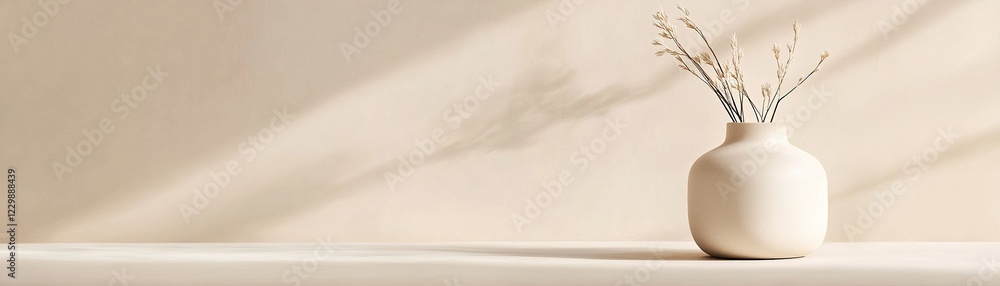 Poster a minimalist ceramic vase in off-white is placed on a matte surface illuminated by warm light. the c